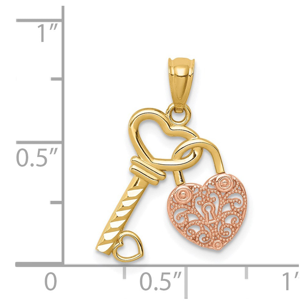 14K Bicolor Poliert Filigran Herz Schloss und Diamantiert Key Charm