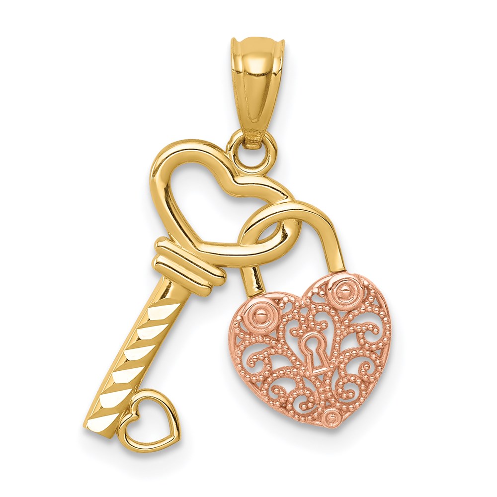 14K Bicolor Poliert Filigran Herz Schloss und Diamantiert Key Charm