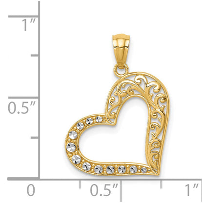 14K Gelb & Rhodium und Weiß Poliert Filigran Herz Anhänger