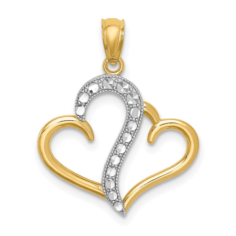 14K Gelb & Rhodium und Weiß Poliert Doppelt Herz Anhänger