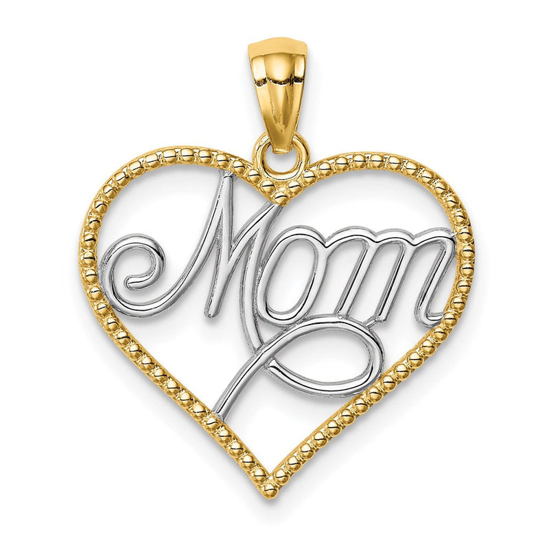 14K Gelb & Rhodium mit Rhodium Mama in Herz Anhänger