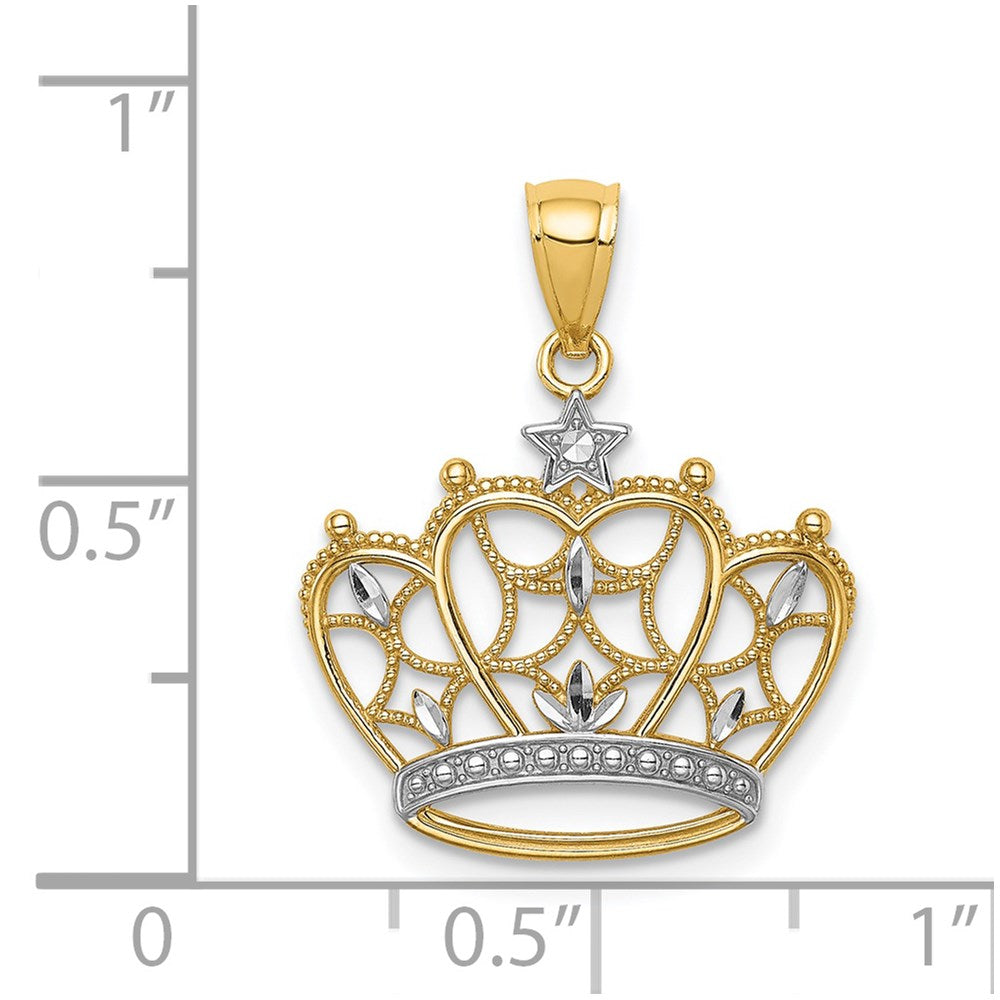 14K Gelb & Rhodium Weiß Diamantiert Filigran Krone Anhänger