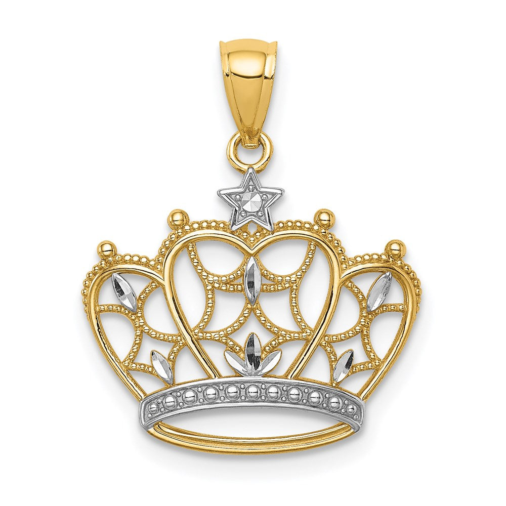 14K Gelb & Rhodium Weiß Diamantiert Filigran Krone Anhänger