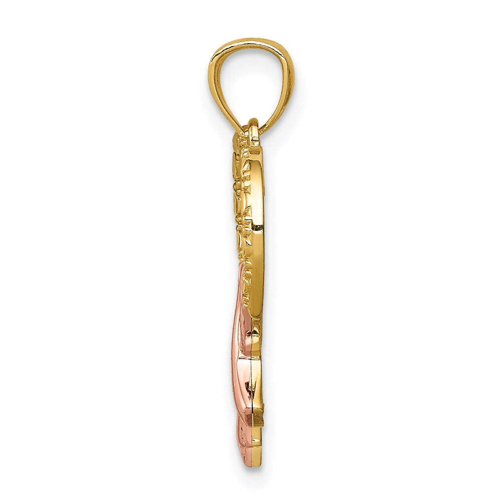 14K Gelb & Rhodium Rose Rosa Schleife mit Herz Anhänger