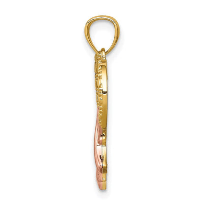 14K Gelb & Rhodium Rose Rosa Schleife mit Herz Anhänger