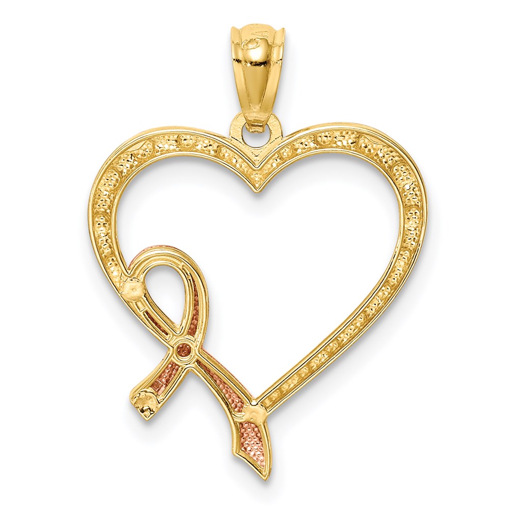 14K Gelb & Rhodium Rose Rosa Schleife mit Herz Anhänger