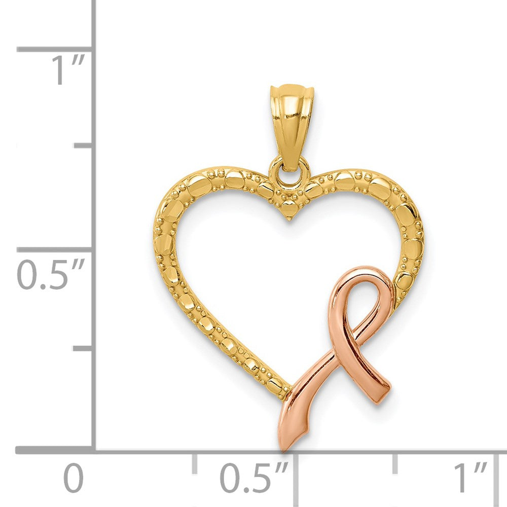 14K Gelb & Rhodium Rose Rosa Schleife mit Herz Anhänger