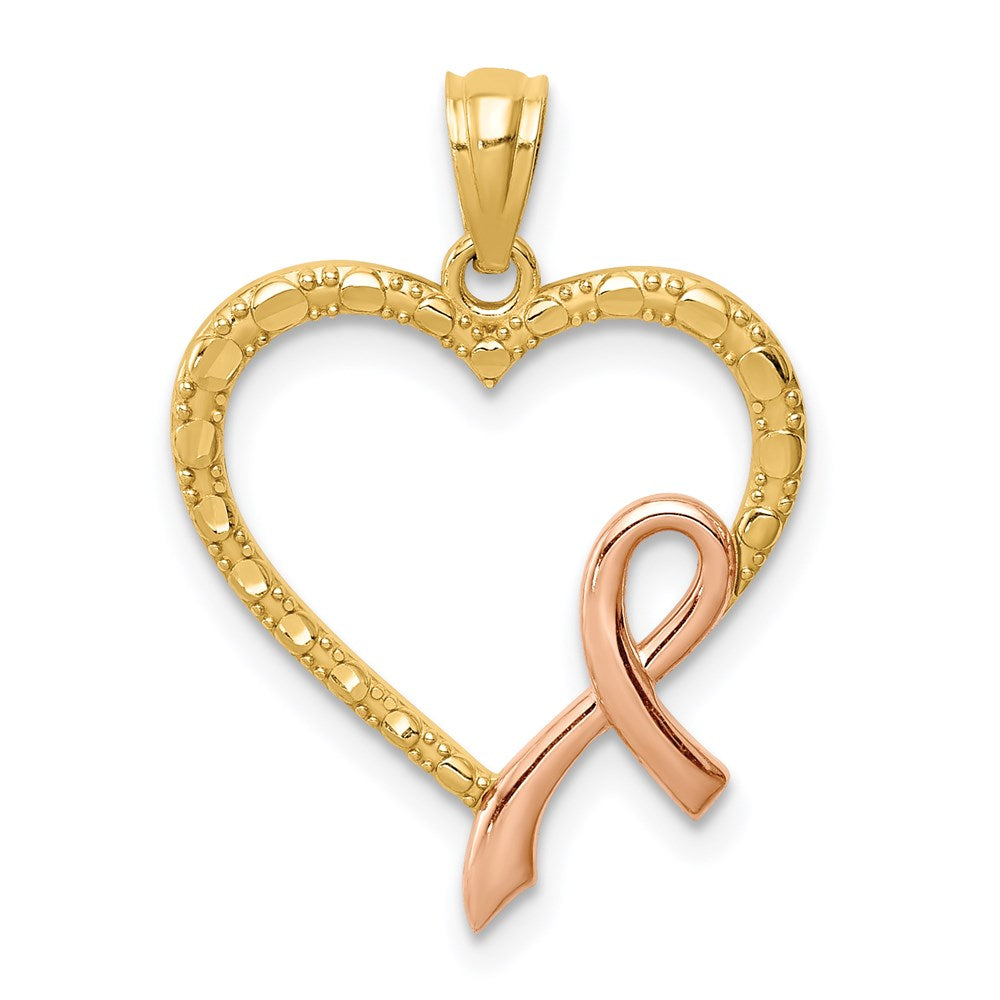 14K Gelb & Rhodium Rose Rosa Schleife mit Herz Anhänger