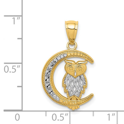 14K Gelb & Rhodium Weiß Diamantiert Eule auf The Mond Anhänger