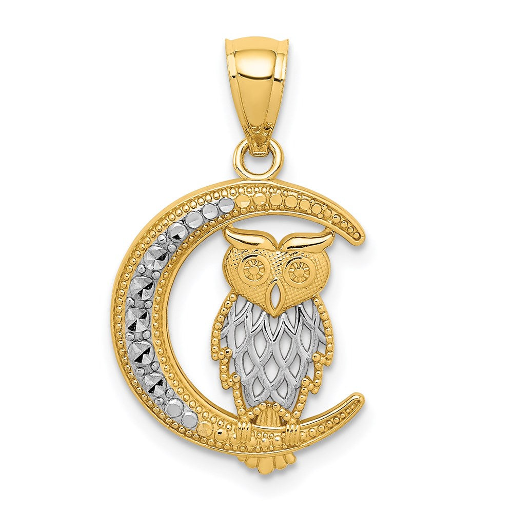 14K Gelb & Rhodium Weiß Diamantiert Eule auf The Mond Anhänger