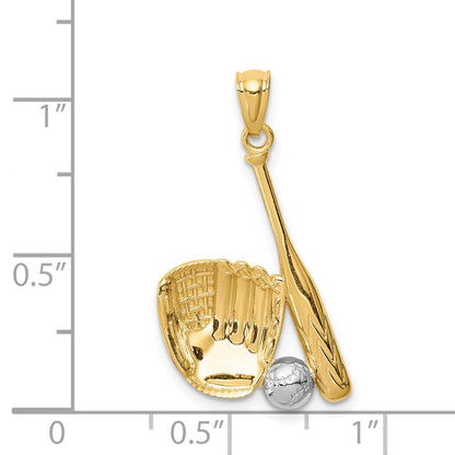 14K Gelb & Rhodium Weiß Baseball Glove Bat Kugel Anhänger