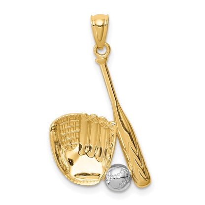 14K Gelb & Rhodium Weiß Baseball Glove Bat Kugel Anhänger