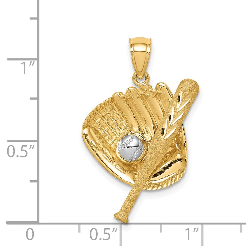 14K Gelb- und Rhodiumgold diamantiert Weißrhodium Baseballschläger Handschuh Ball Anhänger
