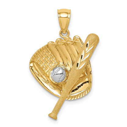 14K Gelb- und Rhodiumgold diamantiert Weißrhodium Baseballschläger Handschuh Ball Anhänger