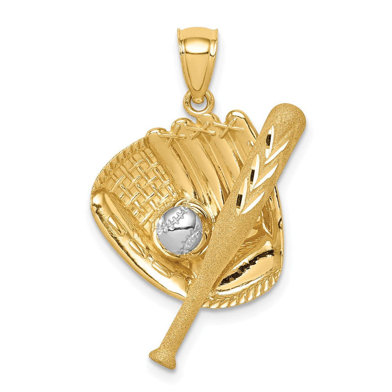 14K Gelb- und Rhodiumgold diamantiert Weißrhodium Baseballschläger Handschuh Ball Anhänger