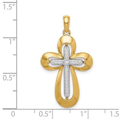 14K Zweifarbgold Kreuzanhänger mit Diamant, poliert und diamantgeschliffen