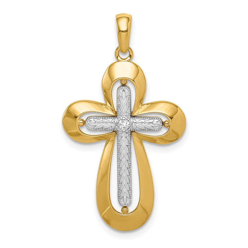 14K Zweifarbgold Kreuzanhänger mit Diamant, poliert und diamantgeschliffen