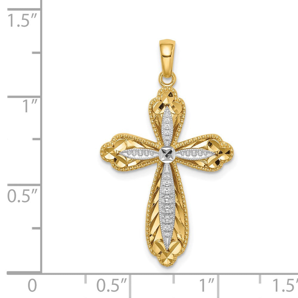 14K Gelb- und Rhodiumgold mit Weißrhodium diamantierter Kreuzanhänger