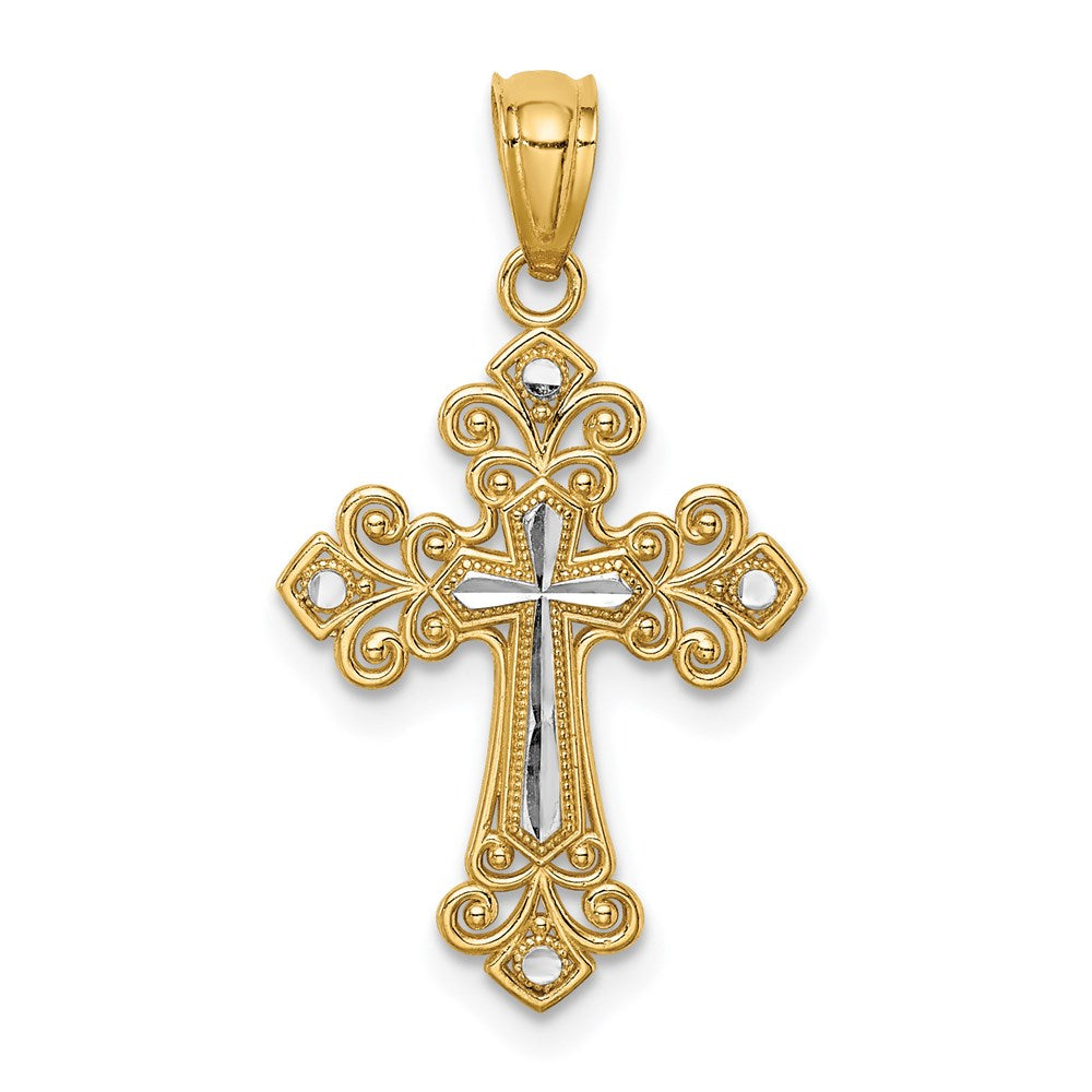 14K Gelb & Rhodium mit Weiß Diamantiert Kreuz Anhänger