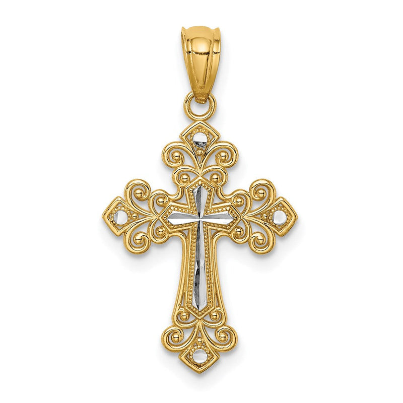 14K Gelb & Rhodium mit Weiß Diamantiert Kreuz Anhänger