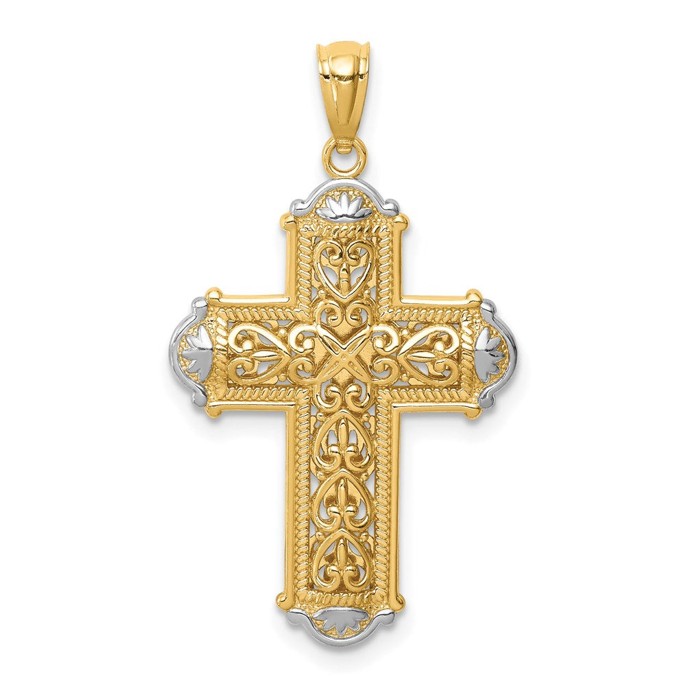 14K Gelb- und Rhodiumgold Weißrhodium diamantiertes wendbares Kreuz-Anhänger