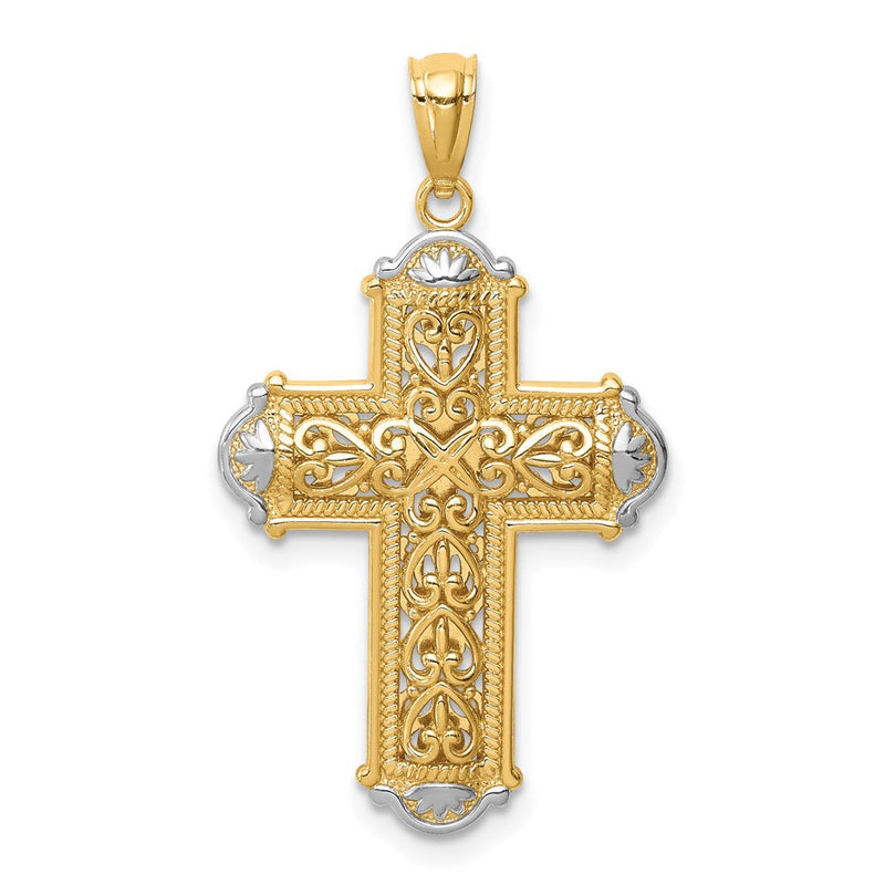 14K Gelb- und Rhodiumgold Weißrhodium diamantiertes wendbares Kreuz-Anhänger