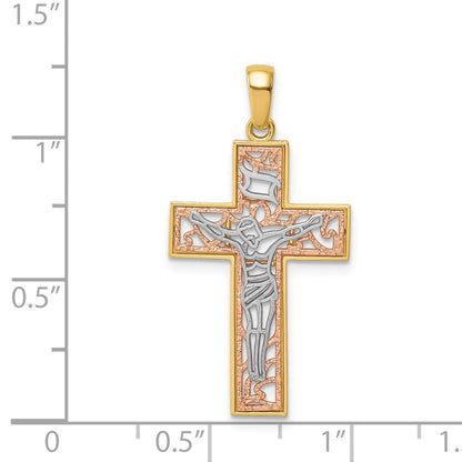 14K Bicolor-Gold Kruzifix-Anhänger mit Weißrhodinierung