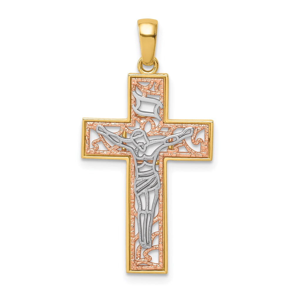 14K Bicolor-Gold Kruzifix-Anhänger mit Weißrhodinierung