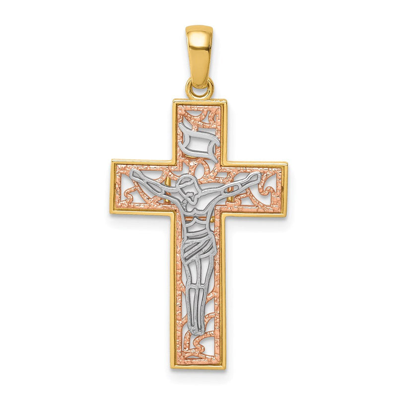 14K Bicolor-Gold Kruzifix-Anhänger mit Weißrhodinierung