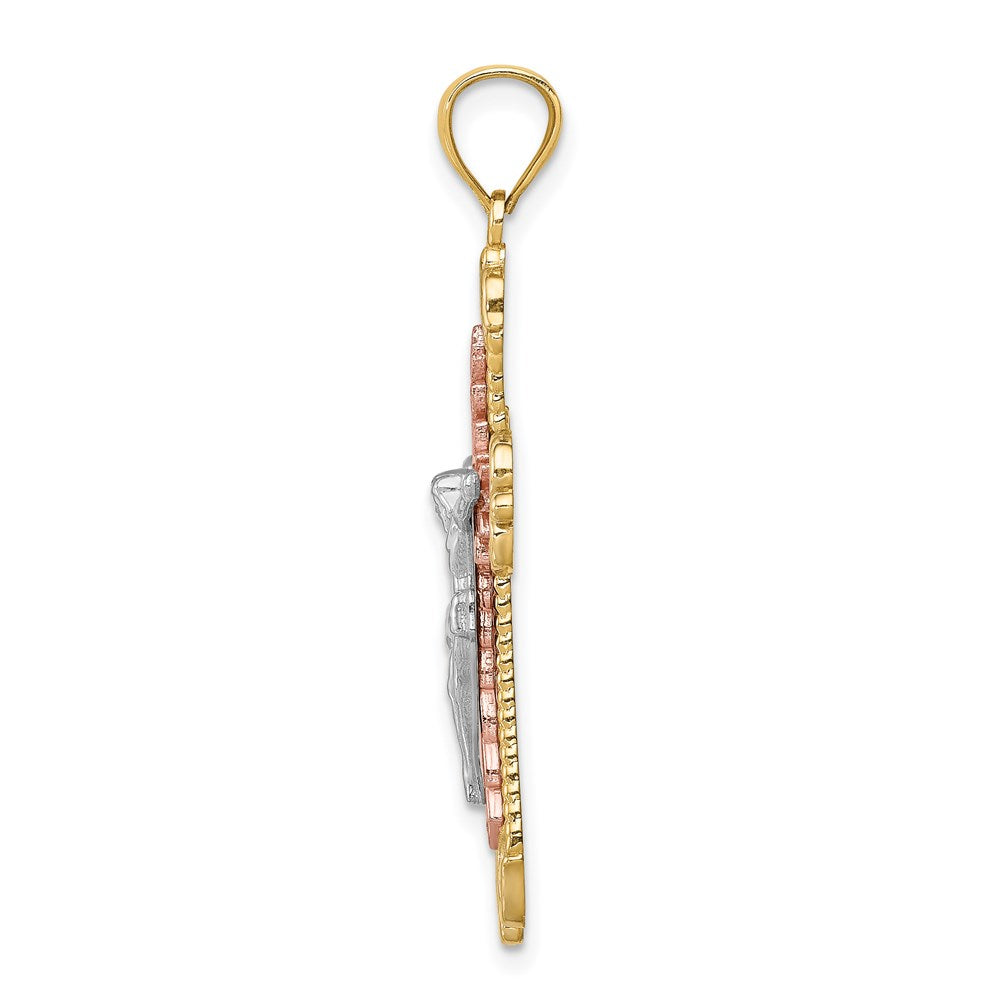 14K Tricolor-Gold Kruzifix-Anhänger mit Diamantschliff und Weißrhodium-Beschichtung