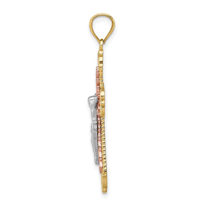 14K Tricolor-Gold Kruzifix-Anhänger mit Diamantschliff und Weißrhodium-Beschichtung