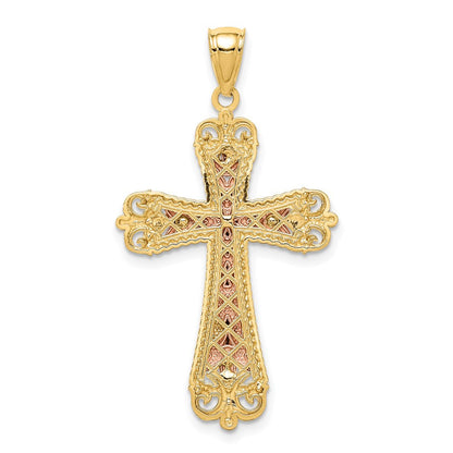14K Tricolor-Gold Kruzifix-Anhänger mit Diamantschliff und Weißrhodium-Beschichtung