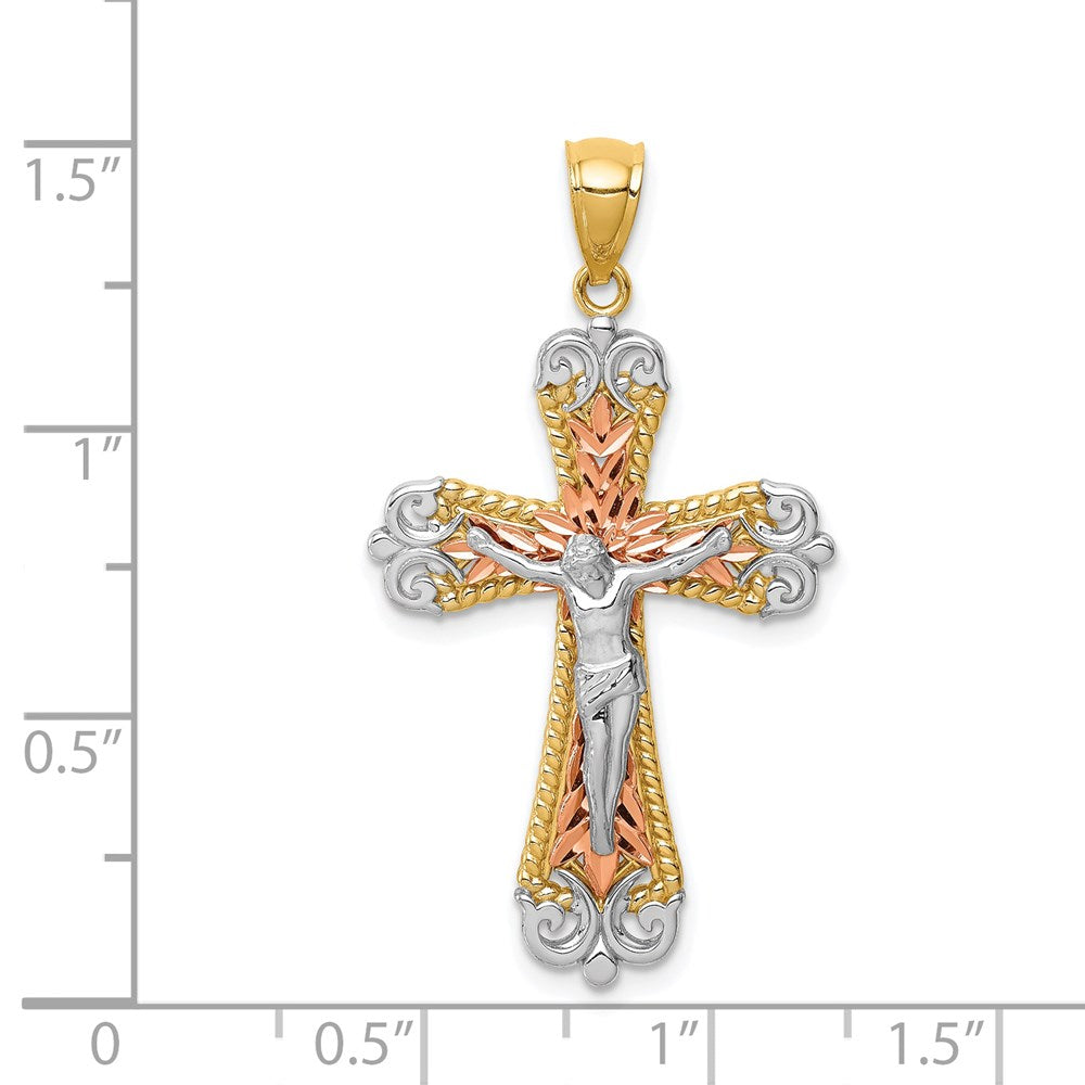 14K Tricolor-Gold Kruzifix-Anhänger mit Diamantschliff und Weißrhodium-Beschichtung