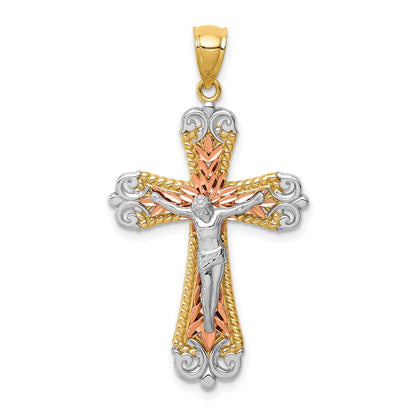 14K Tricolor-Gold Kruzifix-Anhänger mit Diamantschliff und Weißrhodium-Beschichtung