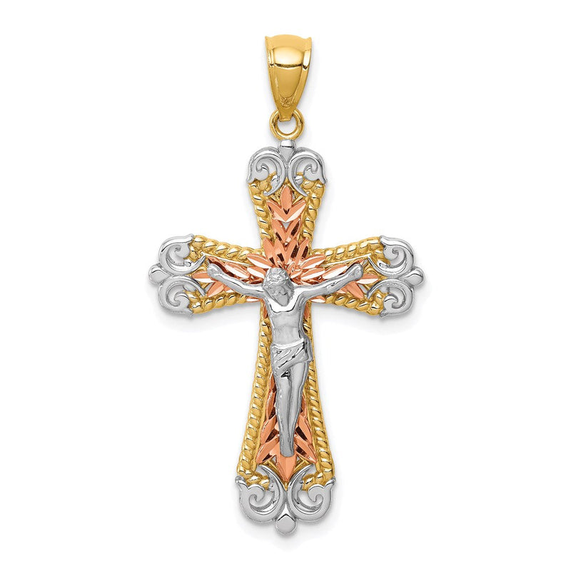 14K Tricolor-Gold Kruzifix-Anhänger mit Diamantschliff und Weißrhodium-Beschichtung