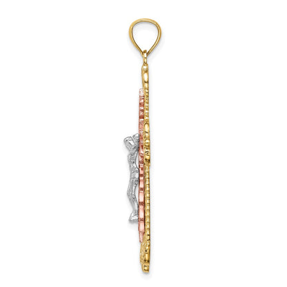 14K Tricolor-Gold Kruzifix-Anhänger mit Rhodium-Beschichtung