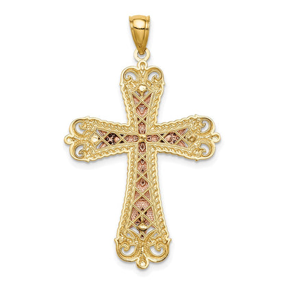 14K Tricolor-Gold Kruzifix-Anhänger mit Rhodium-Beschichtung