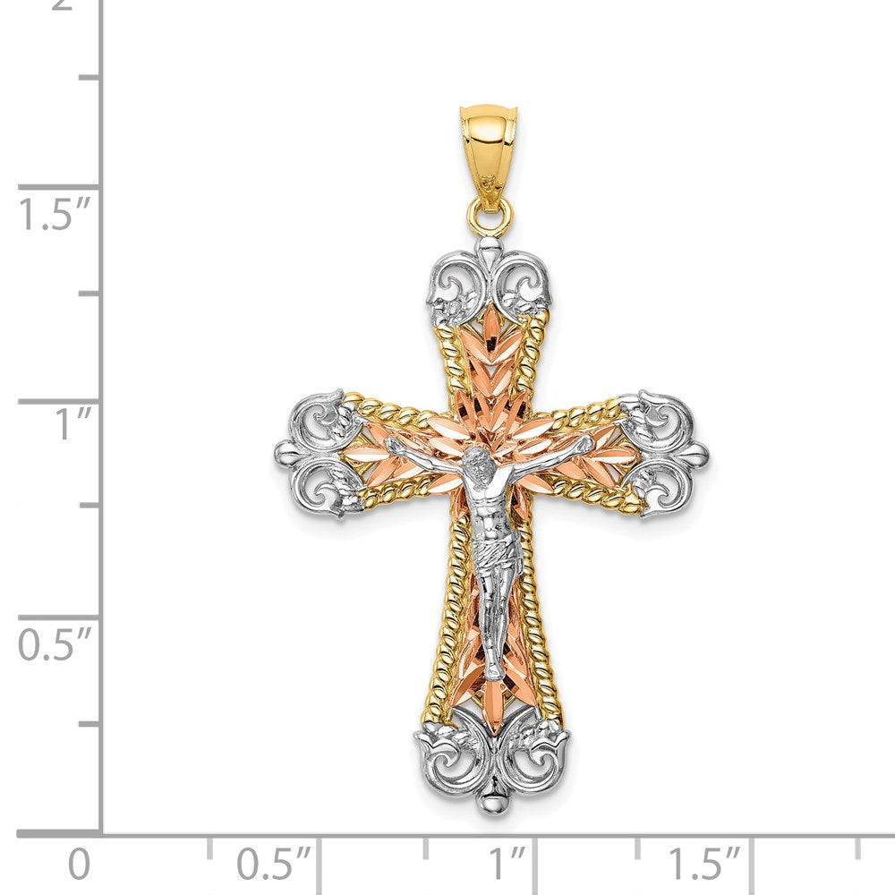 14K Tricolor-Gold Kruzifix-Anhänger mit Rhodium-Beschichtung