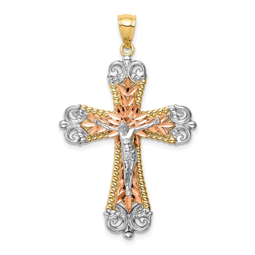 14K Tricolor-Gold Kruzifix-Anhänger mit Rhodium-Beschichtung