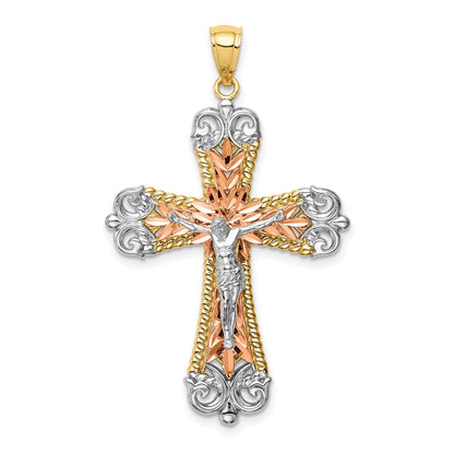 14K Tricolor-Gold Kruzifix-Anhänger mit Rhodium-Beschichtung
