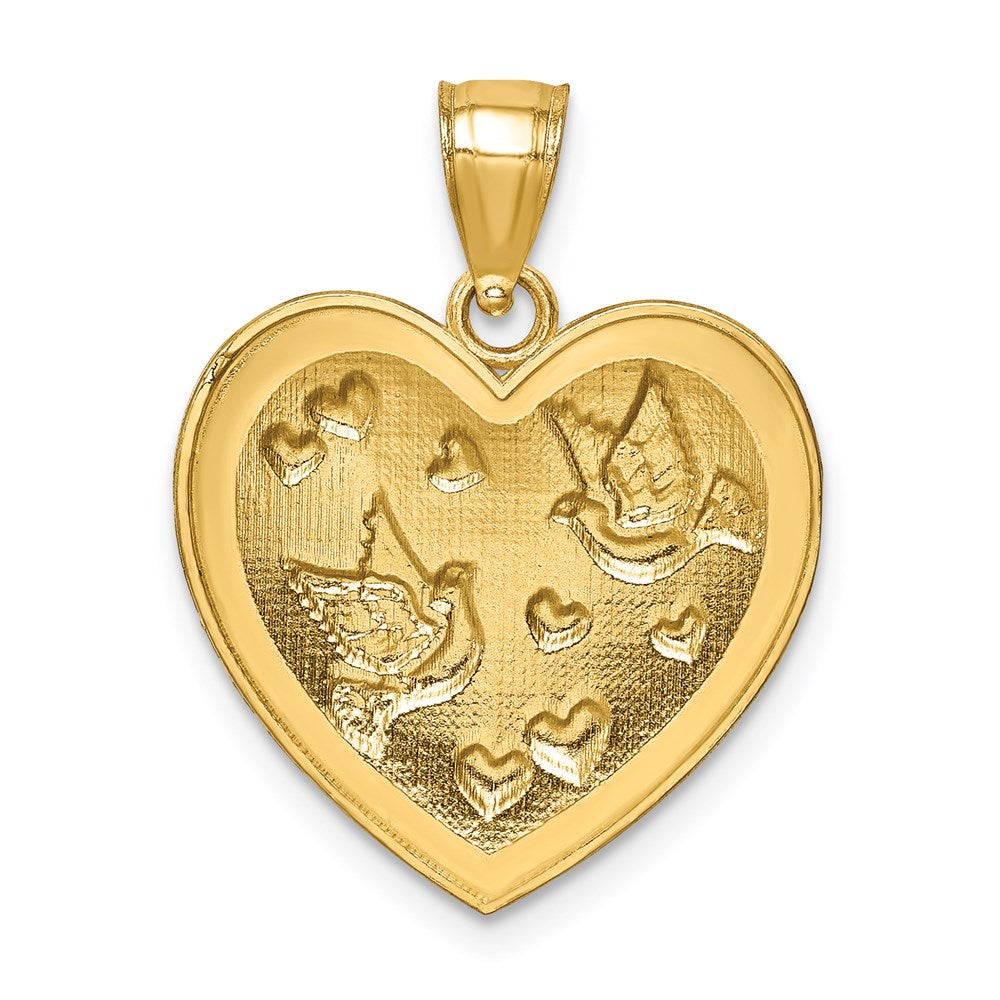 14K Gelbgold Herz-Anhänger mit Tauben & Herzen, diamantiert und strukturiert