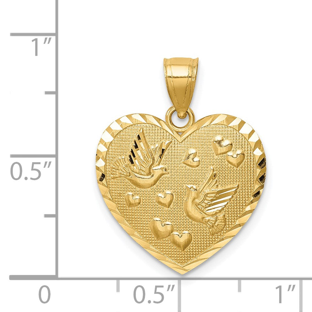 14K Gelbgold Herz-Anhänger mit Tauben & Herzen, diamantiert und strukturiert