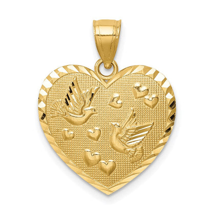 14K Gelbgold Herz-Anhänger mit Tauben & Herzen, diamantiert und strukturiert