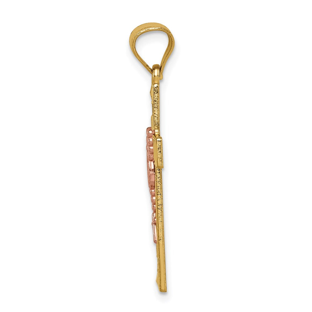 14K Bicolor Gold Kreuzanhänger mit Rosenkranz, Weißrhodiniert