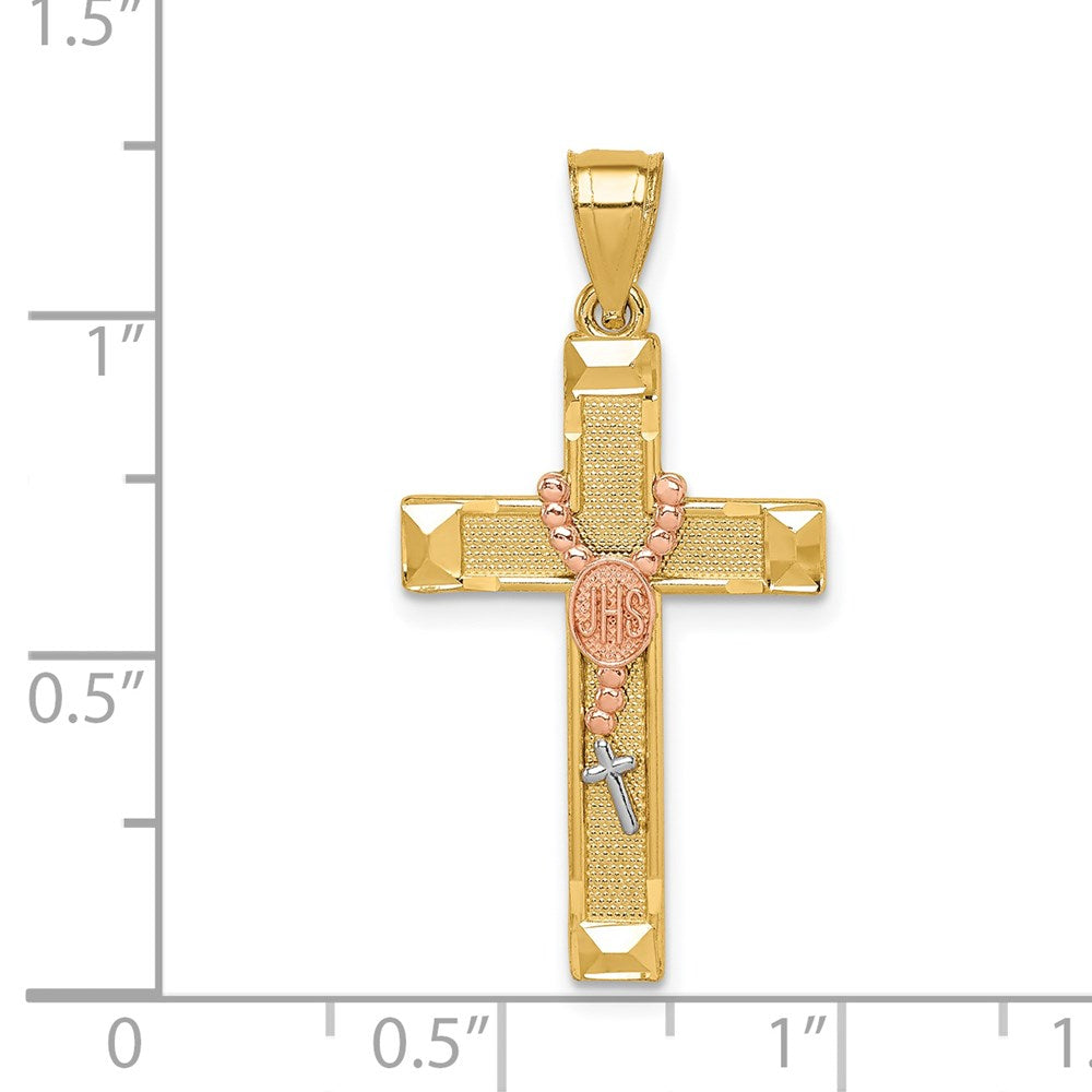 14K Bicolor Gold Kreuzanhänger mit Rosenkranz, Weißrhodiniert