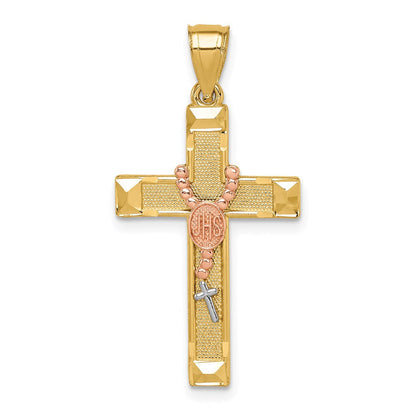 14K Bicolor Gold Kreuzanhänger mit Rosenkranz, Weißrhodiniert