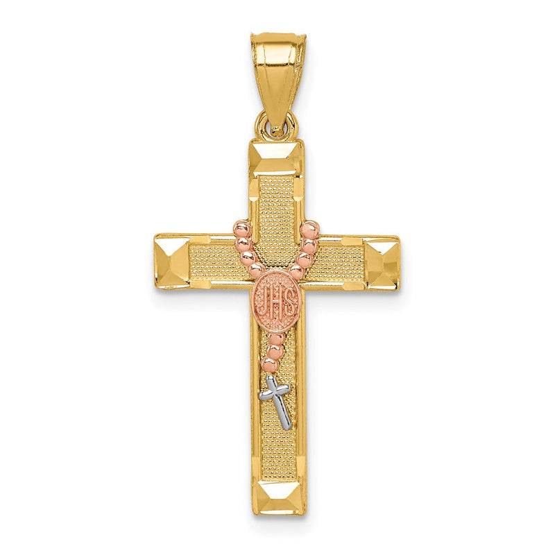14K Bicolor Gold Kreuzanhänger mit Rosenkranz, Weißrhodiniert