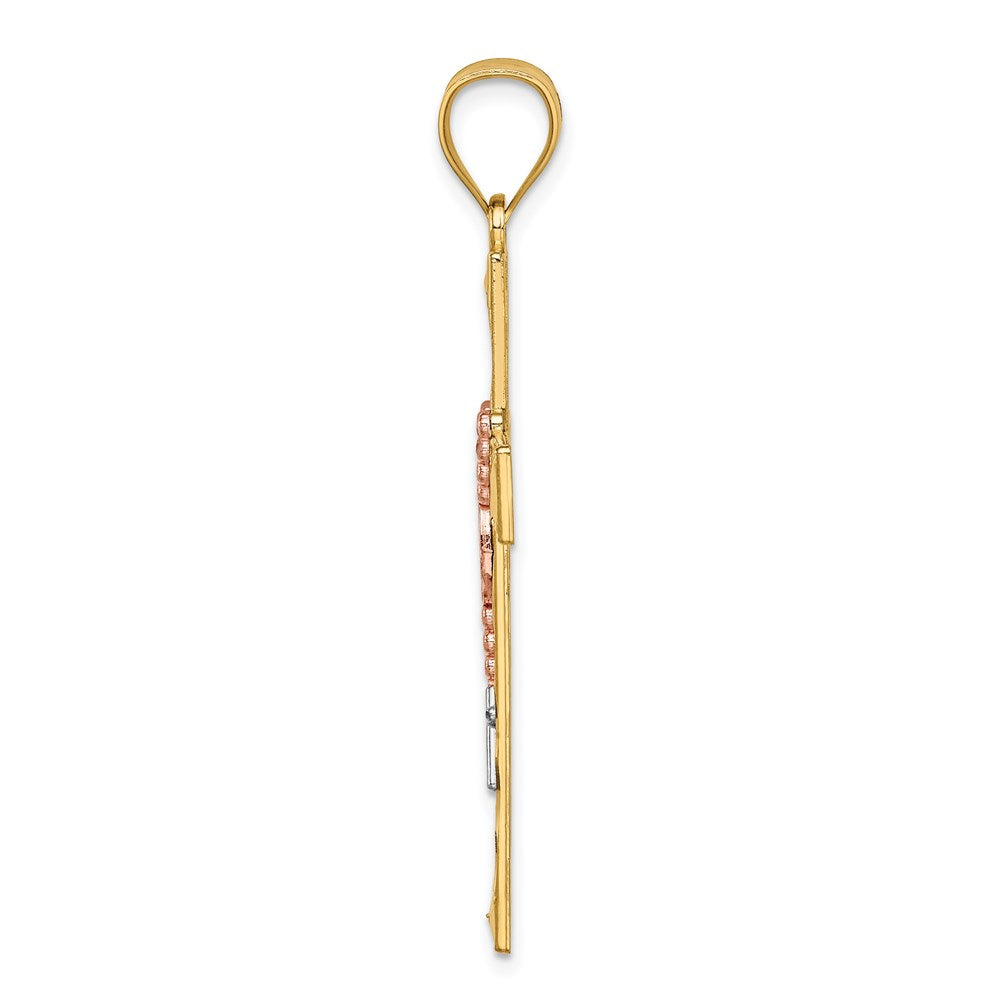 14K Bicolor-Gold Kreuzanhänger mit Weißrhodium und Rosenkranz
