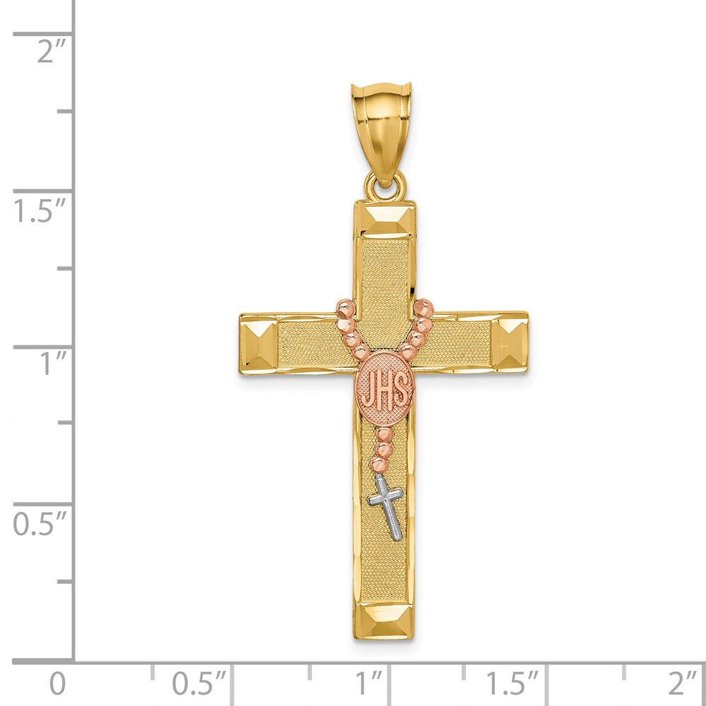 14K Bicolor-Gold Kreuzanhänger mit Weißrhodium und Rosenkranz