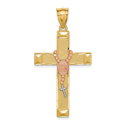 14K Bicolor-Gold Kreuzanhänger mit Weißrhodium und Rosenkranz
